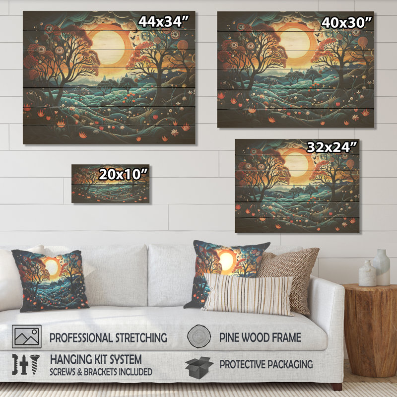 «Blue Horizon Of Heart Trees Landscape II» - impression d'arbre sur bois, H 34 po x l 44 po x P 0,78 po
