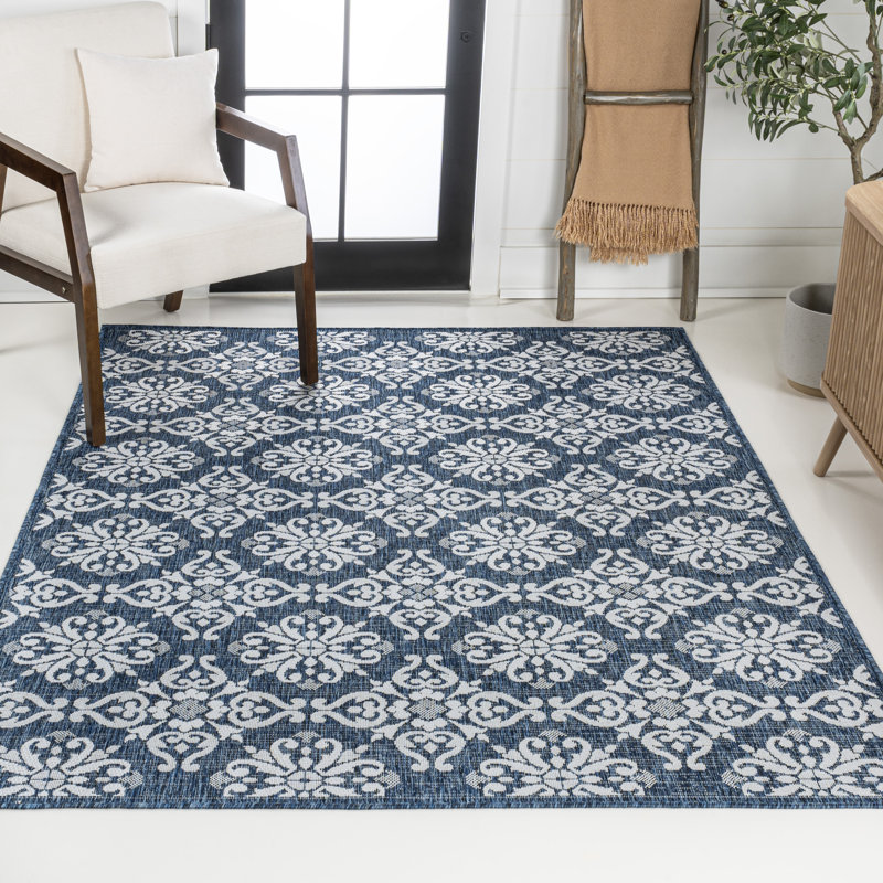Amora Traditional Mediterranean Tile Design Navy/Cream Indoor/Outdoor Rug, Rectangle 7'10" x 10'