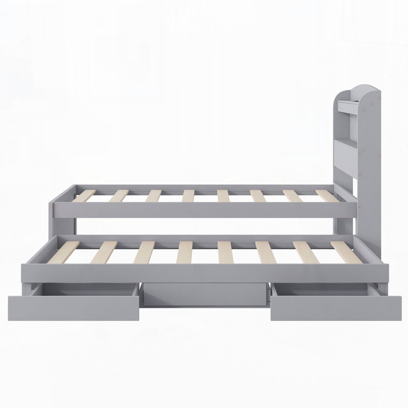 Bed With Trundle, Drawers and Outlet, Twin, Gray