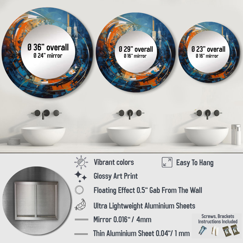 Quintasia Orange And Blue Geometric Equilibrium IV - Geometric Large Wall Mirror, Modern Unique Mirror, Printed Metal Art
