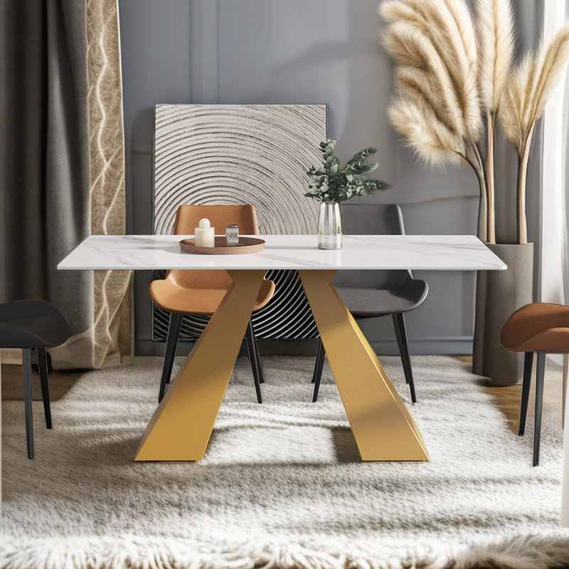Modern White Marble Rectangular Dining Table with Gold Pedestal
