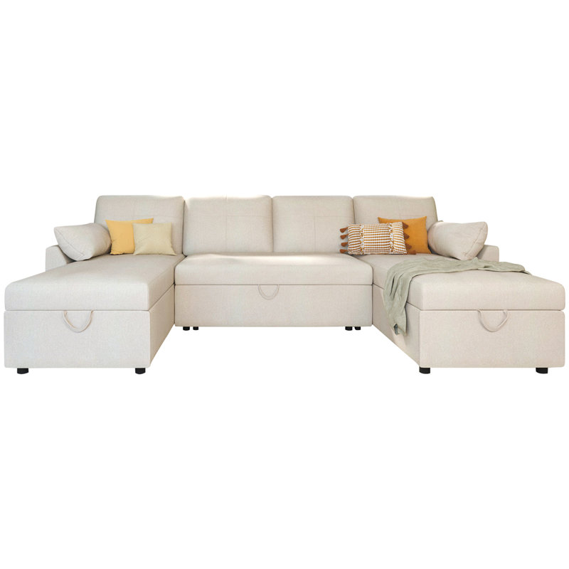 110-Inch Beige Chenille Sectional Sleeper Sofa with Storage Chaise