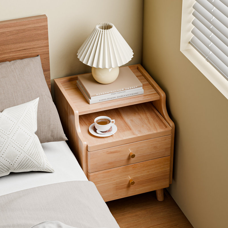 Table de chevet de 50 cm de haut avec tiroirs, préassemblée, en bois massif naturel avec tablette coulissante ouverte