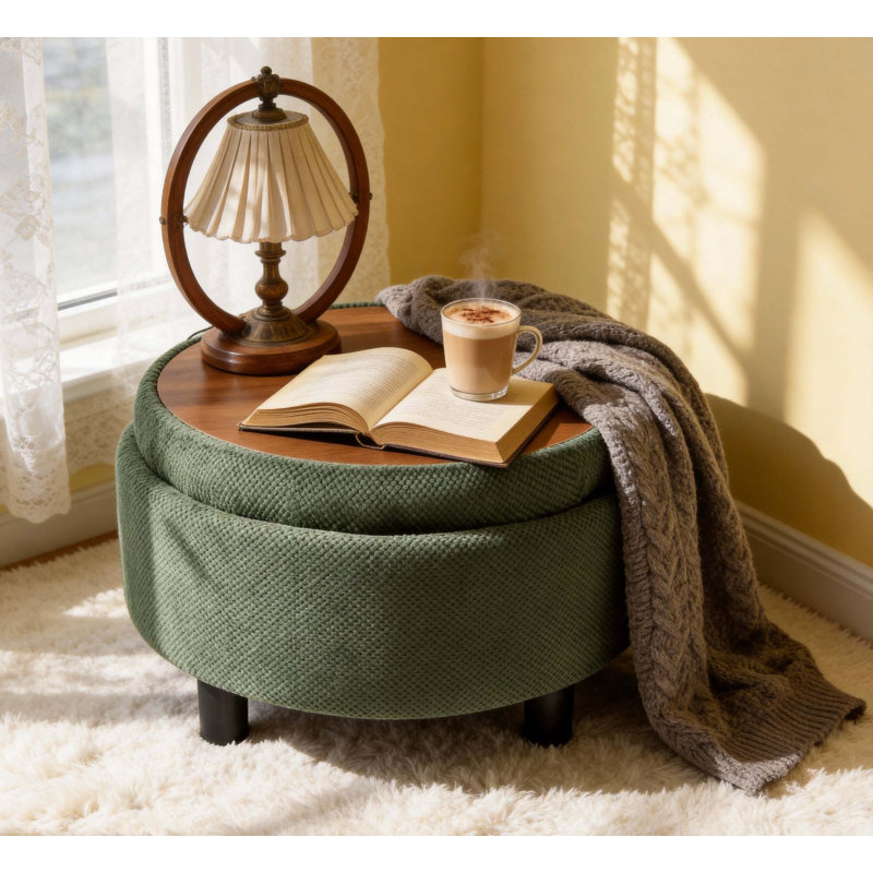 Repose-pieds de rangement rond de 25 pouces avec plateau en bois amovible, conception moderne en tissu capitonné pour l'organisation du salon ou de la chambre à coucher et des sièges.