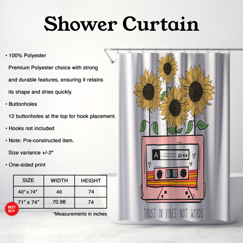 Retro Buds - Rideau de douche standard 1 pièce, H 74 po x l 71 po