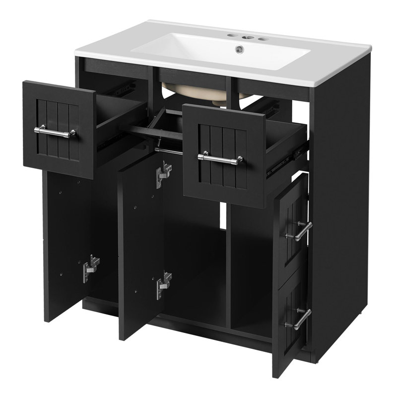 Meuble-lavabo de 30 po avec lavabo et tiroirs encastrés, Noir, Argent argent