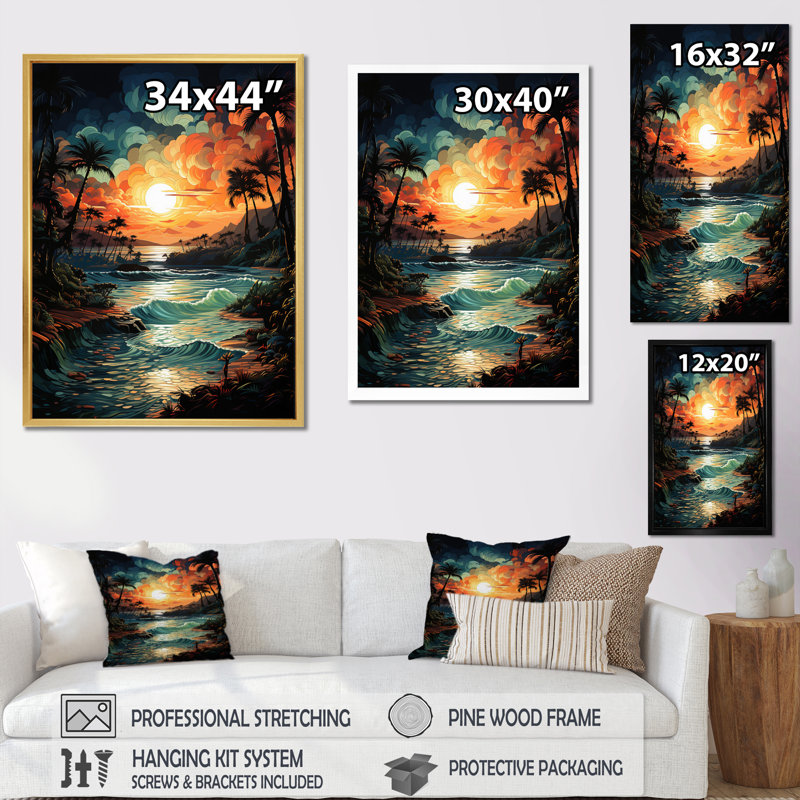 Coucher de soleil coloré sur un palmier orange coloré II, H 32 po x l 24 po x P 1 po, Cadre photo noir