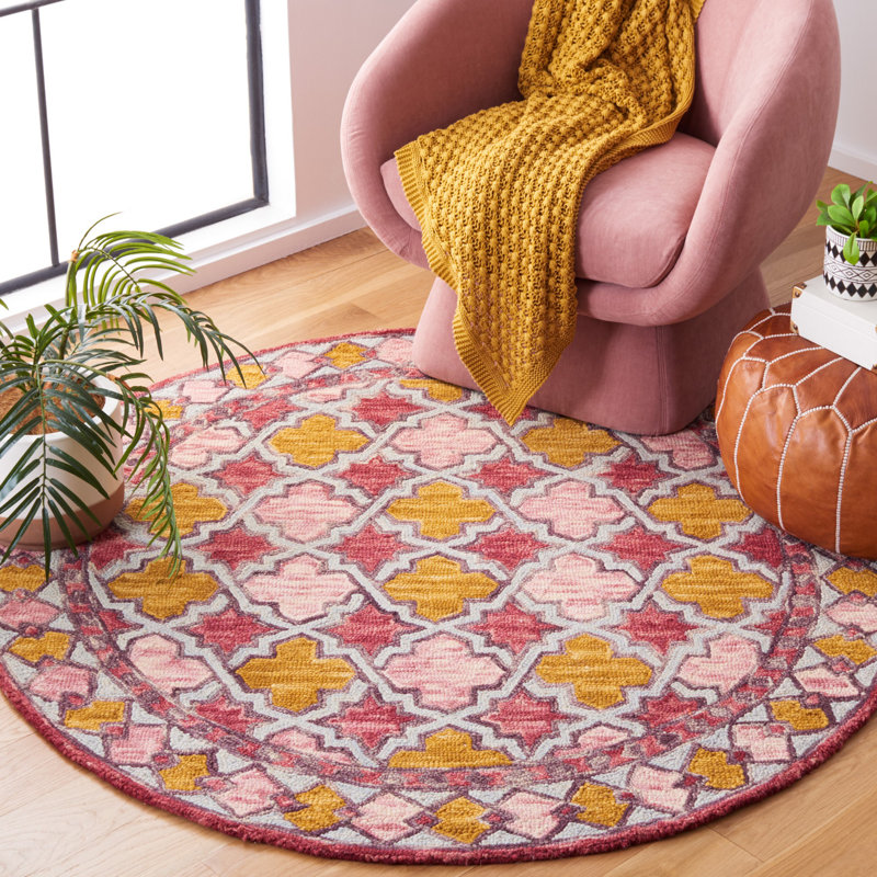 Butlin Hand Tufted Wool/Cotton Southwestern Rug in Yellow/Pink, Round 5'