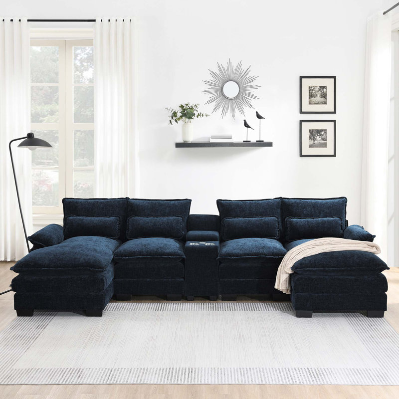 123*55"Modern U-shaped Sectional Sofa with Console,Cup Holders and USB Charger,6 Seat Upholstered Symmetrical Indoor Furniture,Comfy Chenille Cloud Couch with Chaise for Living Room,Apartment