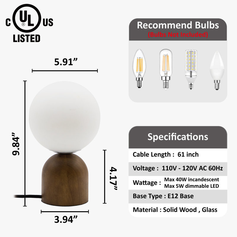 9.8'' Dimmable Opal Glass Globe Table Lamp with Walnut Rubber Wood Base and E12 Lamp Holder, cULus Certified for Nightstands, Desks or Dining tables