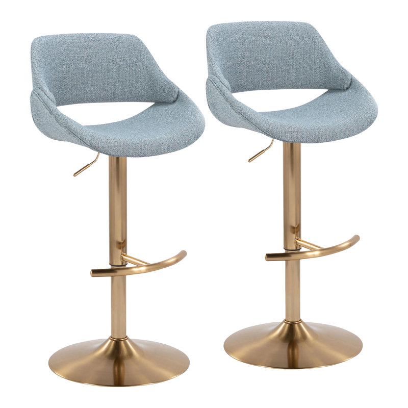 Najrin Adjustable Upholstered Bar Stool with Rounded T Footrest (Set of 2), Blue Fabric/Gold Frame