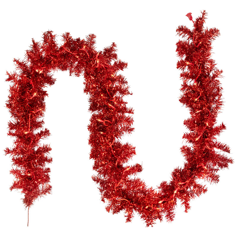 Pre-Lit Artificial Tinsel Christmas Garland - 9' X 8" - Clear Lights, Red