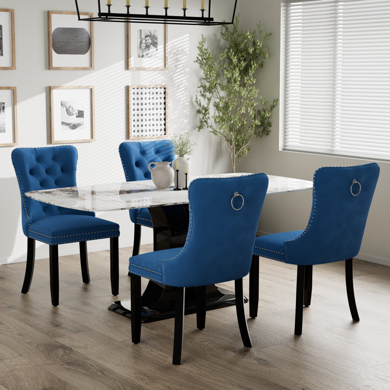 Rectangle Marble Texture Pedestal Dining Set with Velvet Tufted Dininig Chair, Blue, 5 Pieces: Table 4 Chairs, White