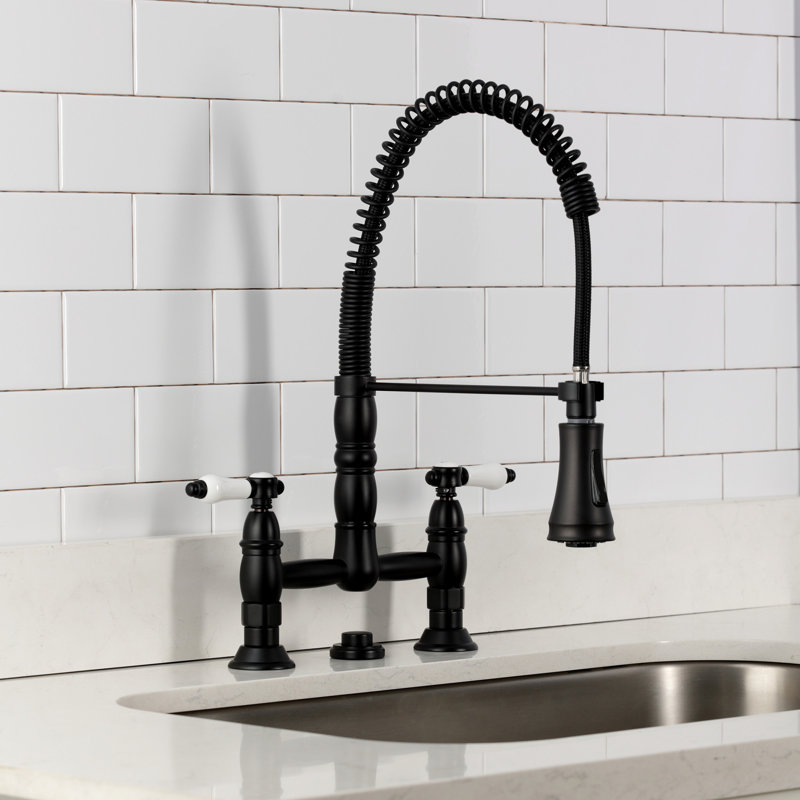 Kingston Brass Bel-Air Double-Handle 2-Hole Deck-Mount Pre-Rinse Bridge Kitchen Faucet, Matte Black