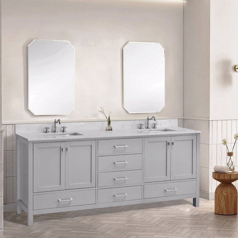 Meuble-lavabo autoportant à double cuve avec comptoir, armoire de rangement en bois massif, 84", Gris