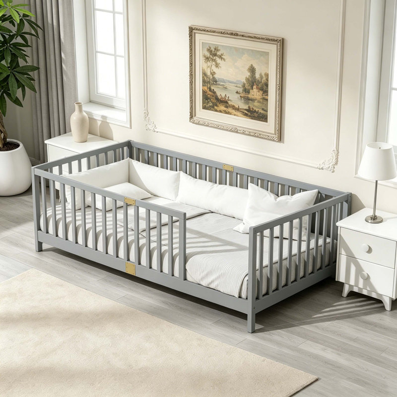 Lit de plancher en bois massif 21,5 po, Gris - sans porte, Lit simple