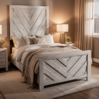 Lit double Bisca avec motif à chevrons, finition gris bois flotté