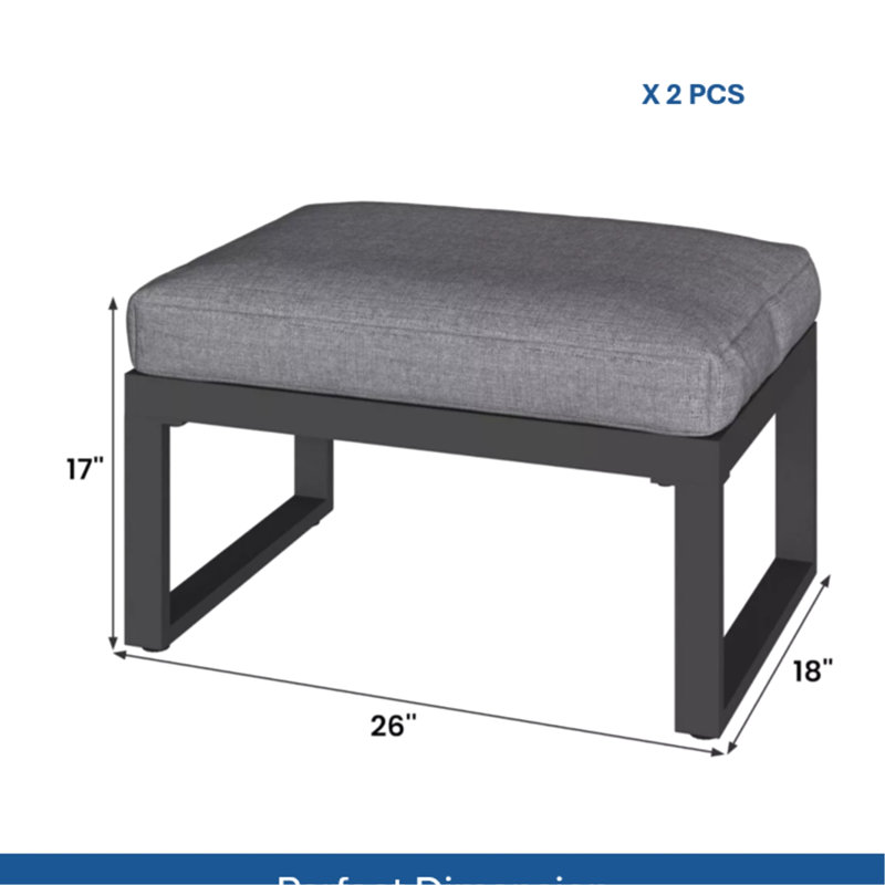 De 2 repose-pieds de patio de 26 po avec coussins gris épais, conception en aluminium rouille, installation rapide pour une utilisation en balcon toutes saisons, sièges d'appoint polyvalents ou tables d'appoint