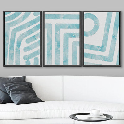 Ensemble de 3 motifs géométriques sur fond bleu sarcelle et blanc délavé, collage Mid-Century moderne sur toile