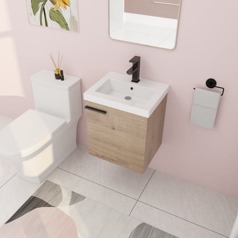 Ensemble de meuble-lavabo mural simple 18,16 po avec plateau en céramique Eftime, Brun clair