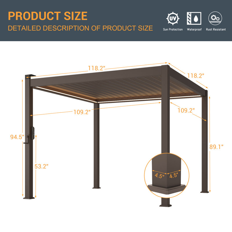 Pergola solaire en métal à DEL avec toit à persiennes réglable, pergola de terrasse extérieure toutes saisons avec système de drainage de l'eau, abri de jardin pour terrasse robuste