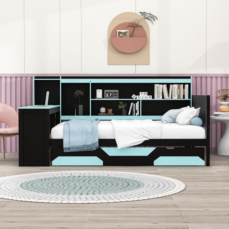 Lit de jour en bois avec 3 tiroirs, bureau, lumières, tablettes et station de charge, Complet/Double, Noir / Bleu