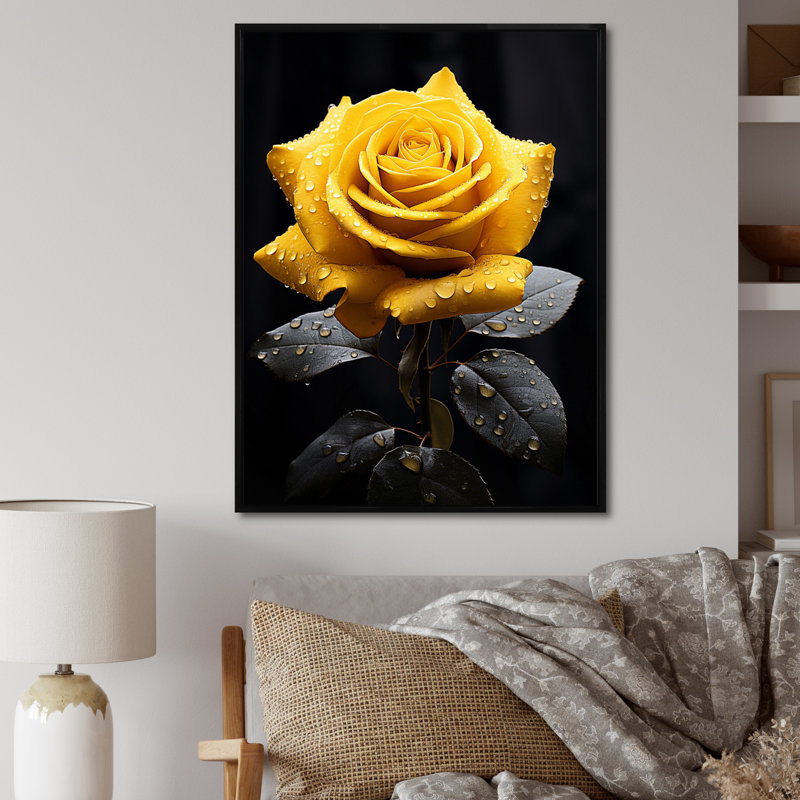 Danail, jaune, noir, rose, élégance III - fleurs, art mural, Cadre flottant noir, H 40 po x l 30 po x P 1,5 po