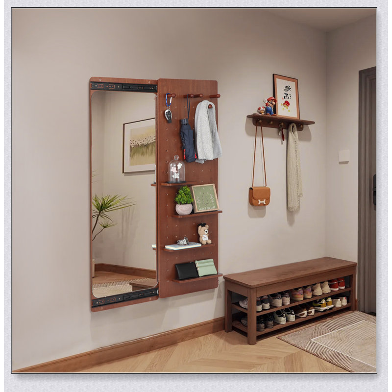 Wall Mounted Full Length Mirror With Shelf And Hook, Multifunctional Design For Space Saving And Stylish Home Decor, Brown