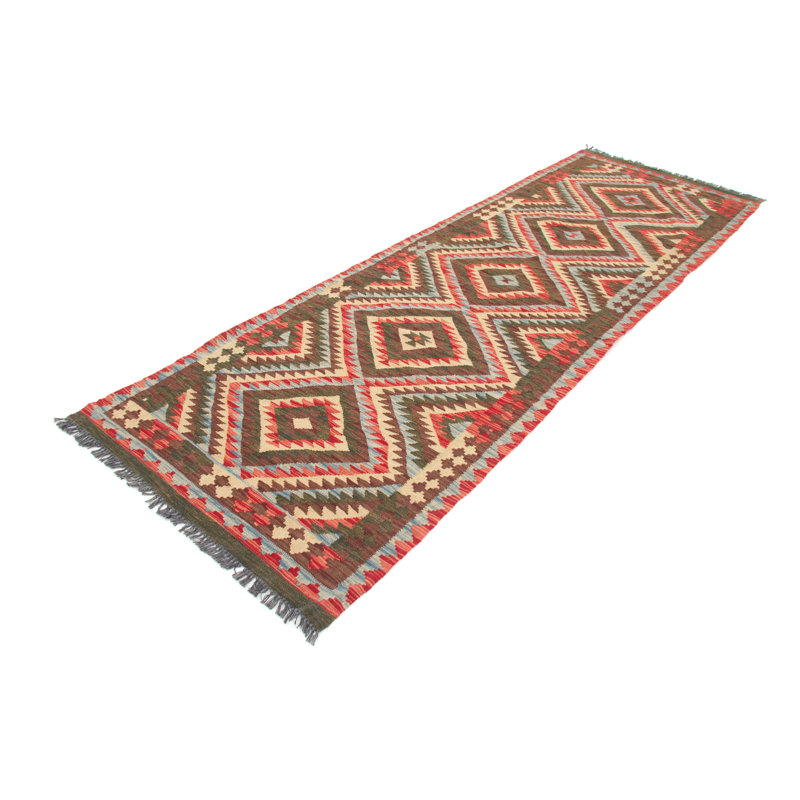 Runner Geometric Wool Hand Woven 99cm X 308cm Area Rug
