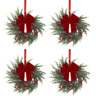 4 Pcs 11.8 Inch Small Artificial PVC Wreaths with Velvet Bows & Frosted Red Berries, Mini Winter Wreaths for Cabinets, Windows, Front Doors, Holiday Home Decor