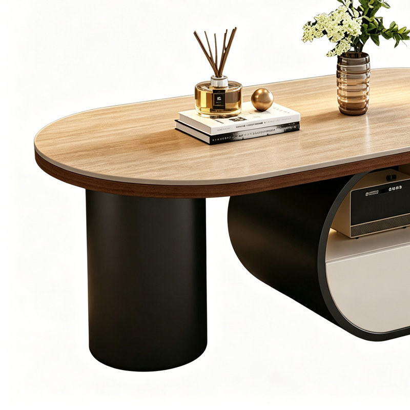 Table basse Italian Minimal Creative, 16.53" H x 47.24" W x 23.62" D, Burlywood Top/White/Black Base, Wood