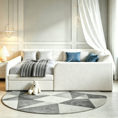 Full Boucle Upholstered Daybed with Rolling Storage Drawer and Tufted Backrest