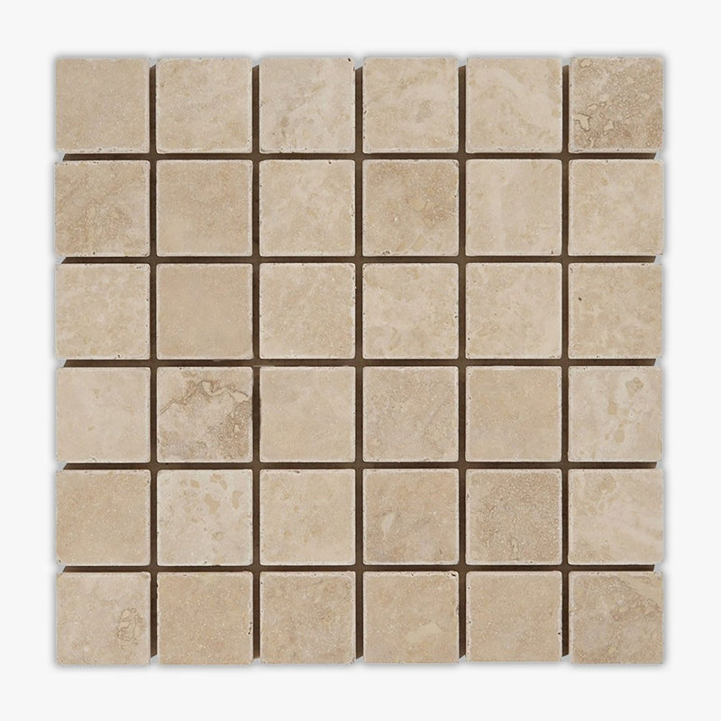 Ivory Tumbled 2x2 Square Travertine Mosaic, Beige