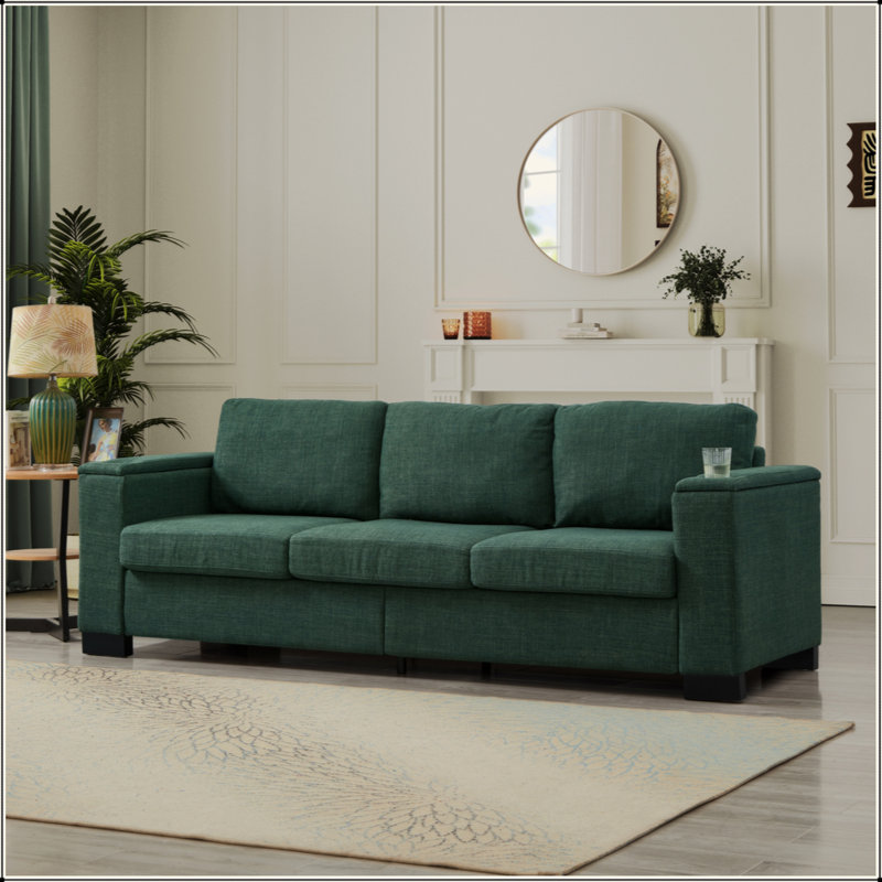 Canapé de salon 93,7 po en tissu de style moderne, canapé à accoudoirs carrés avec porte-gobelet, canapé de rangement, polyester rembourré