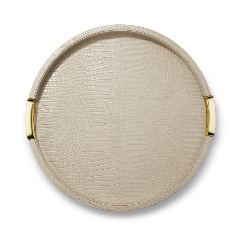 Fawn Croc Embossed Leather Round Tray with Brass Handles
