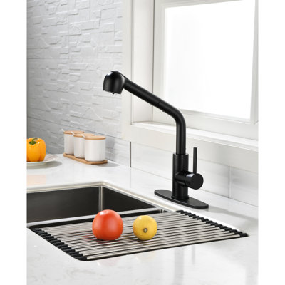 Matte Black Pull Out Kitchen Faucet, Single Handle Sink Faucet With 360 Swiveling High Spout. Corrosion And Rust- Surface Treatment For Continual Operation. Easily Regulate Water Temperature Flow One