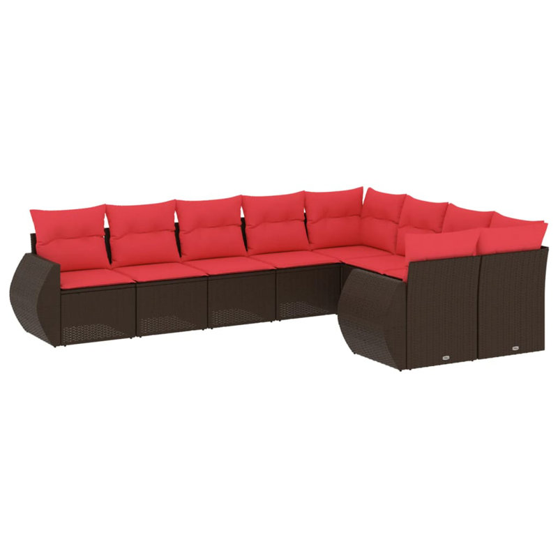 Ensemble de canapé de patio 10 pièces avec coussins en rotin de polyester, Coussin rouge / cadre brun