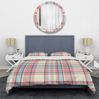 Tartan à carreaux crème et rose - Ensemble de housse de couette abstrait - Microfibre de polyester
