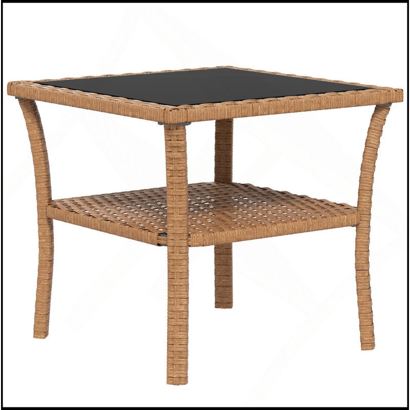 Side Table, Outdoor End Table With Storage Shelf, Aluminum Frame, Tempered Glass Top, Weather-Resistant Design, Brown