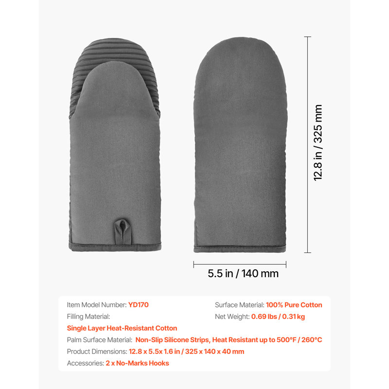 Oven Mitts, High Heat Resistant to 500℉, Lightweight Cotton Baking Mitts 13.07 x 6.1 inch with 2 No-Marks Hooks for Home, 2 Piece, Mini Oven Mitt Set with Non-Slip Silicone Strips, Kitchen