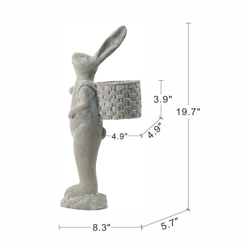 8.5x5.5x19.5" Tall Gray Cement Rabbit Basket Planter