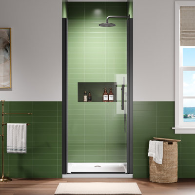 34-35.5 In.W X 75 In.H Semi-Frameless Small Pivot Shower Door With 6Mm Tempered Glass, No-Top-Rail Design