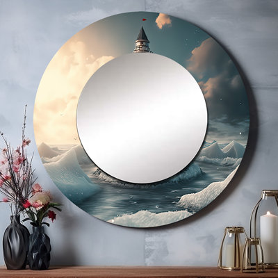 Phare de Piuesh Fantasy dans l'océan Arctique II - grand miroir de plage, décor de miroir mural rond bleu unique, impression sur métal