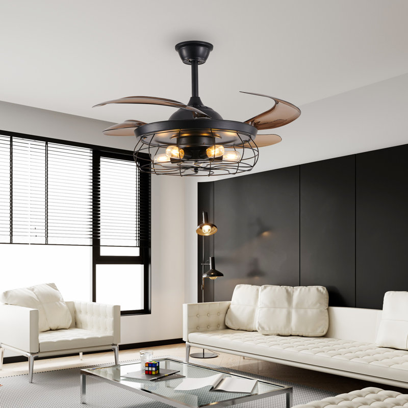 48 Inch Ceiling Fans With Lights And Remote Control, Black, Cage Design, 6-Speed DC Motor, Light Kit Included
