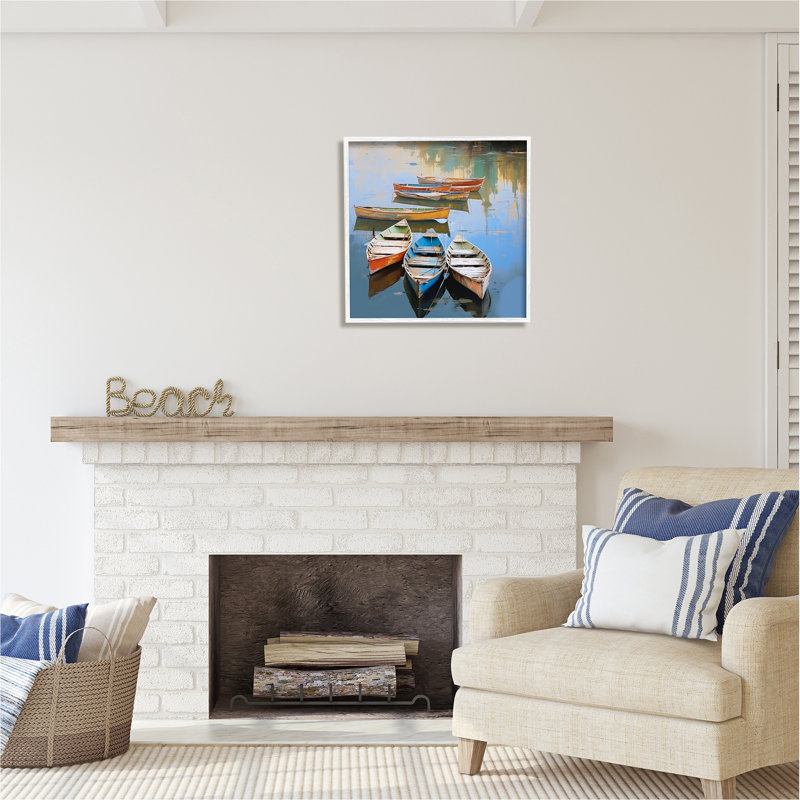 «Ba-052», reproduction de canot encadrée dans un lac sur toile par Irena Orlov, Giclée encadrée blanc bord de mer