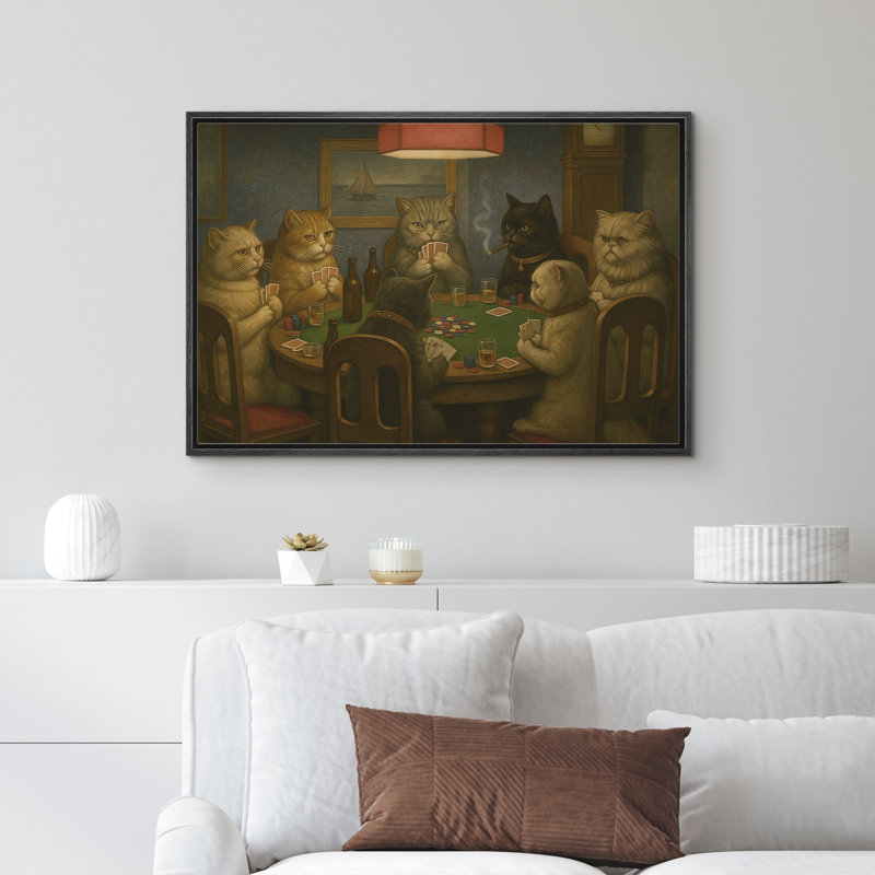 Chats jouant au poker, jeu d'animal fantaisiste, nuit, homme des cavernes, impression sur toile encadrée, H 16 po x l 24 po