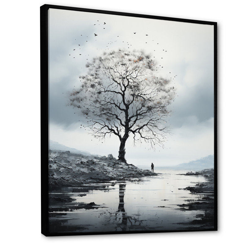 Arbre de Lynnai gris minimalisme solitude II, H 44 po x l 34 po x P 1,5 po, Cadre flottant noir