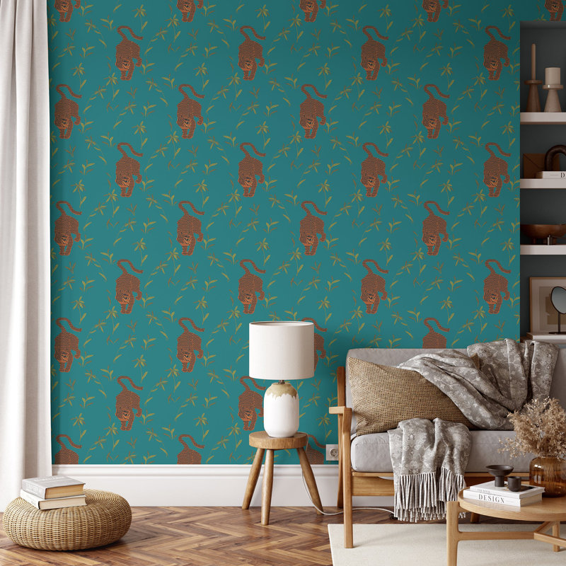 Stalking Tiger - Spruce Green Wallpaper, Paper, Non-Pasted, Jewel