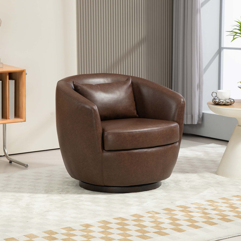 Fauteuil demi-tonneau rembourré pivotant avec rangement, Simili cuir brun foncé