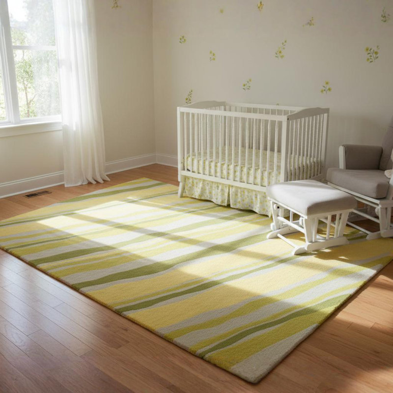 Tapis moderne en laine à rayures touffetées à la main vert, jaune et gris Ailey